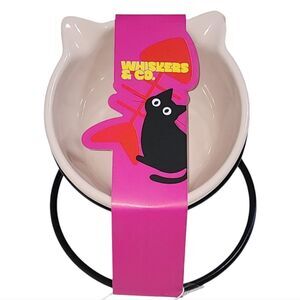 Whiskers & Co Pink Ceramic Cat Feeder Bowl With Tilted And Elevated Metal Base
